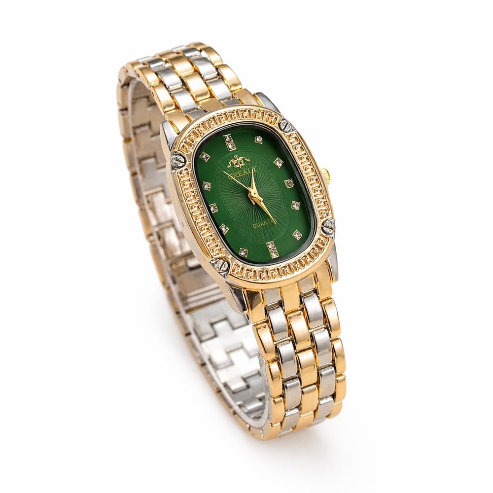 Gold and Silver Two-Tone Watch with Green Dial